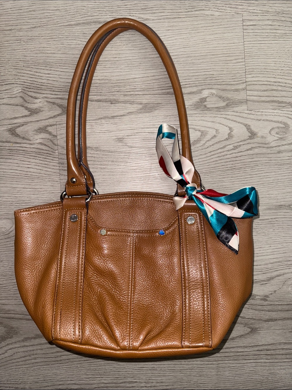 Tignanello Cognac Leather Shoulder Bag with Colorful Scarf Accent
